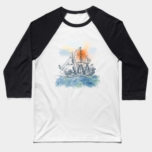 Sailing Ship with Orange Sun Baseball T-Shirt